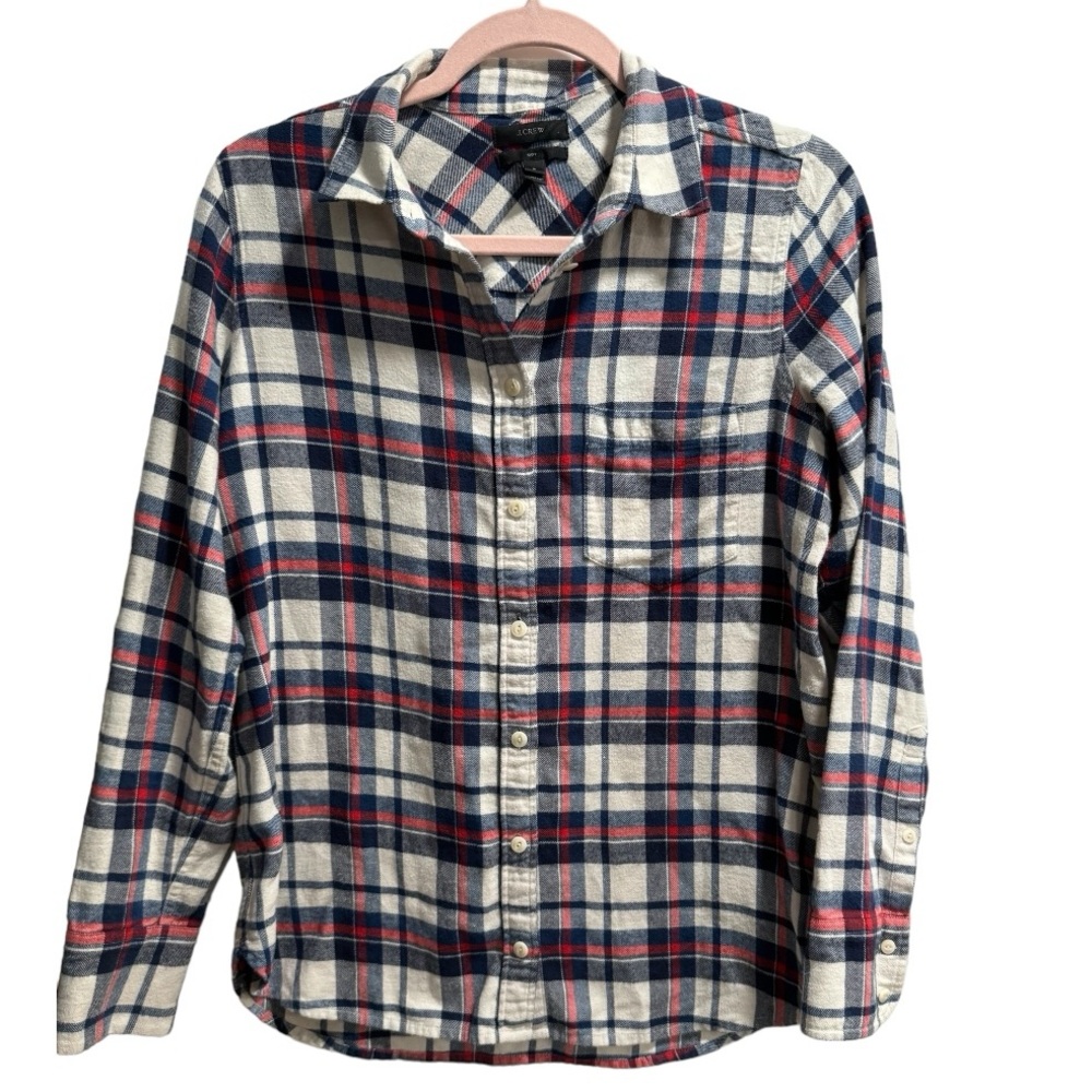 Women’s J Crew Boy Flannel, Red/Blue/White, size 6 EUC